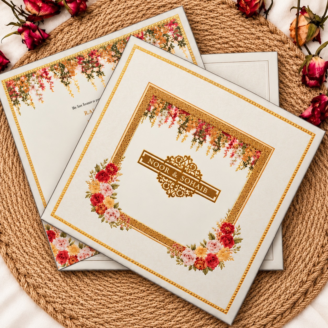 Elegant Floral Wedding Invitation Card – Ivory & Gold – Pakistani Shaadi Cards invitation card