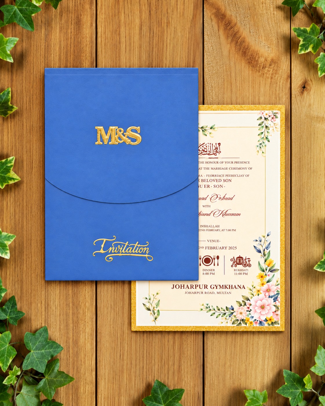 Royal Blue Wedding Invitation Card with Floral Insert – Pakistani Shaadi Cards invitation card