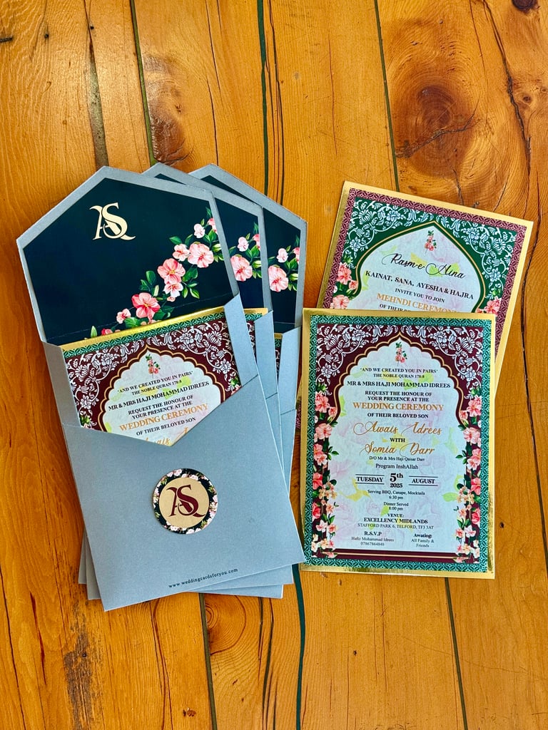 Floral Arch Wedding Invitation with Blue Pocket Envelope – Pakistani Shaadi Cards invitation card